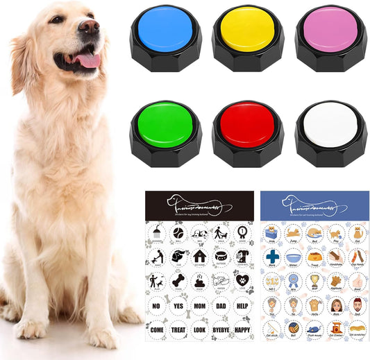 Set of 4 Dog Buttons, Dog Buttons for Communication, Dog Speaking Buttons, Recordable Buttons, Dog Touch Buttons， 25 Training Stickers, Teach Your Dog to Talk!