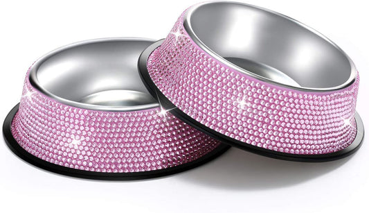 Bling Dog Bowls Pink, 640ML Handmade Bling Rhinestones Stainless Steel Pet Bowls Double Food Water Feeder for Puppy Cats Dogs - Set of 2